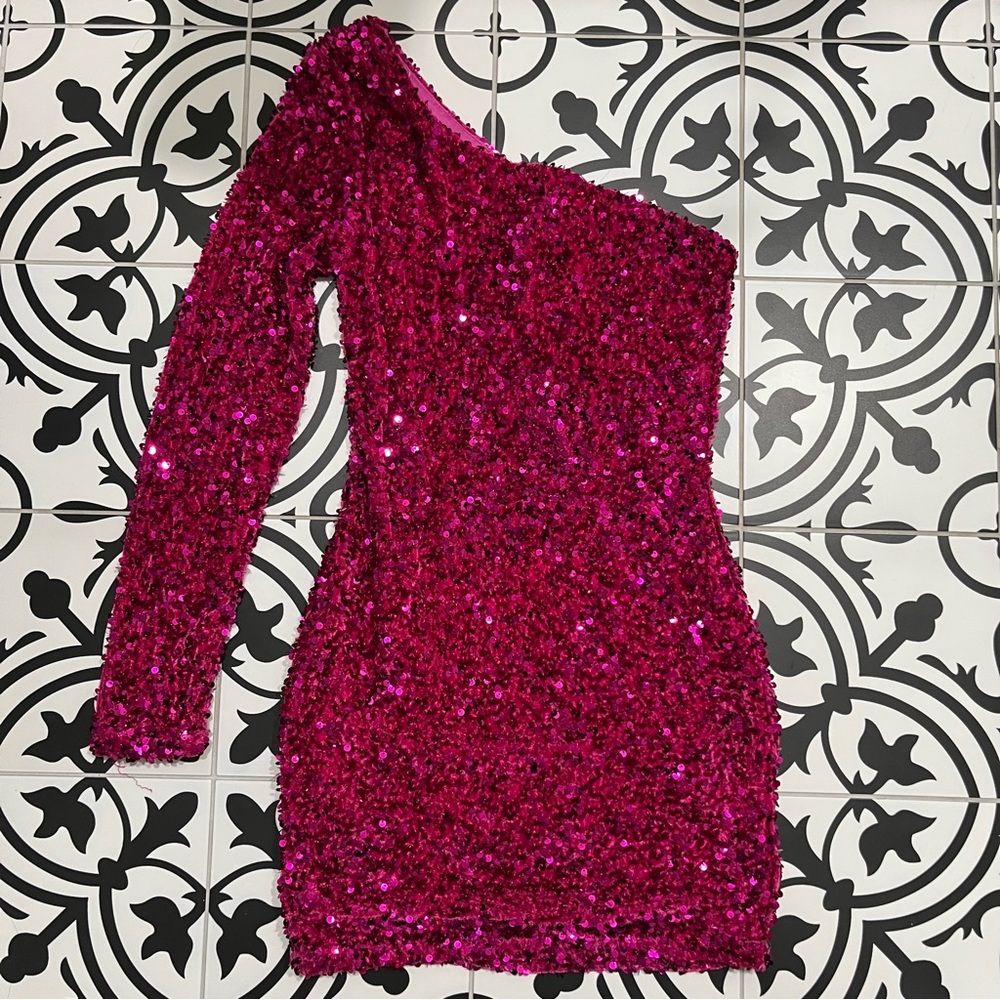 Hot pink sequin formal dress - one shoulder